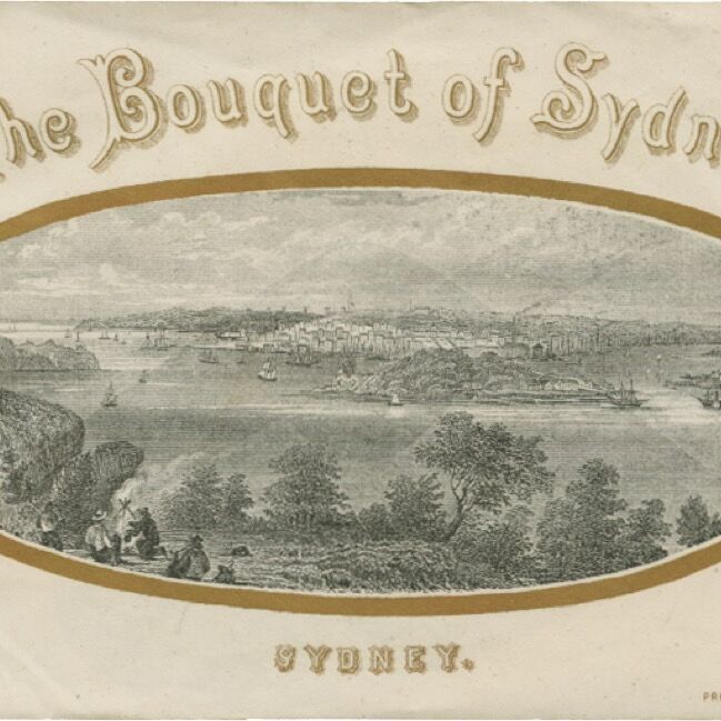 Wrapper "The Bouquet of Sydney", view of the city in a gilt frame. Inscriptions in gilt.