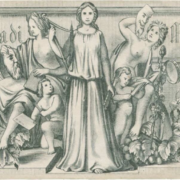 Umschlag "La Rosa di Milano": Drei der neun Musen (Melpomene, Euterpe und Thalia) und vier Putten, die zwischen Weinreben tanzen